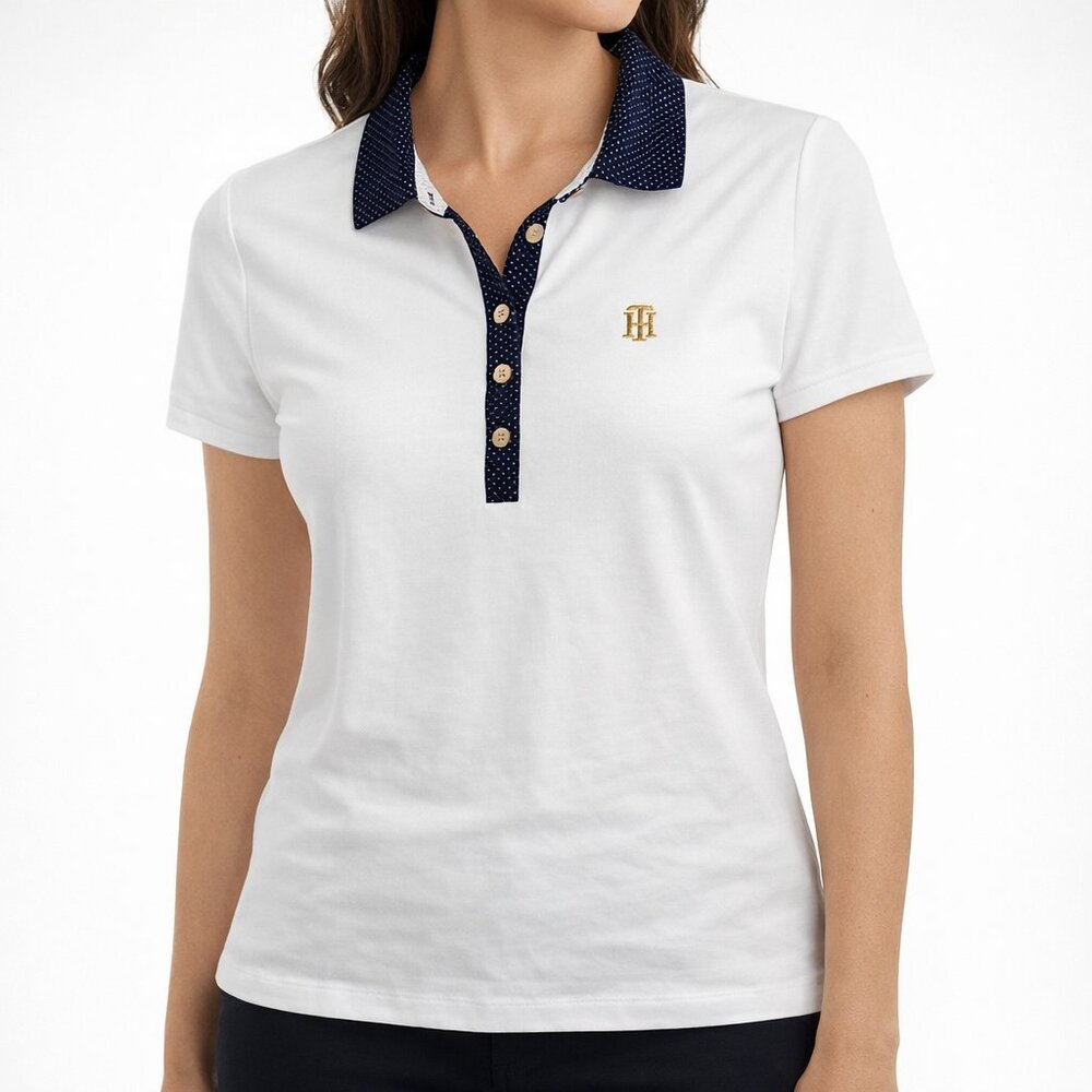 Tommy Hilfiger Women's Polka Dot Collar Polo Shirt – White/Navy